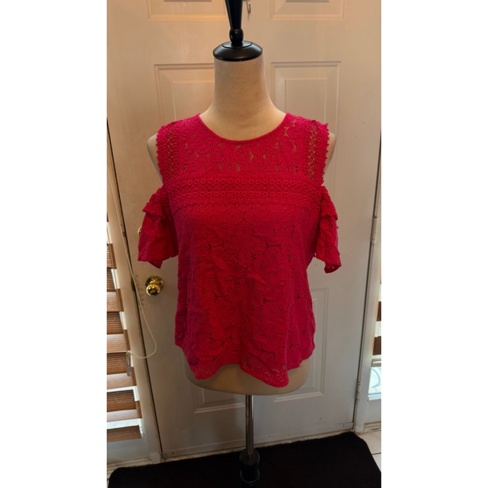 Women's Project Runway Pink Lace Cold Shoulder Blouse L